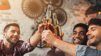 Friends celebrating meeting, drinking beer in bar