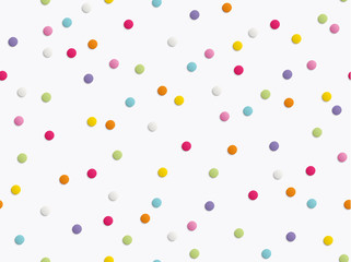 Flatlay of colorful round paper confetti on white background. Seamless pattern. Vector illustration.