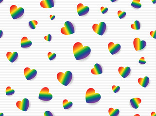 Flat lay of rainbow colored hearts scattered on light grey and white striped background. Seamless pattern vector illustration.