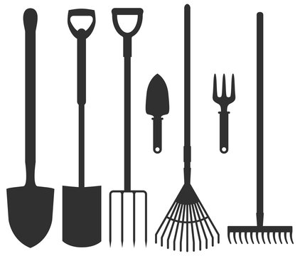 Set of garden tools: spade, rakes, pitchforks, shovels. Vector illustration.