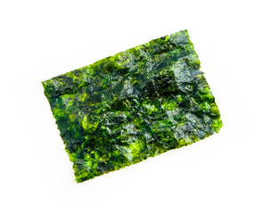 One roasted sheet of seaweed, isolated on white background. Asian healthy dry nori snack food. © alicefoxartbox