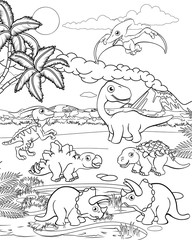 A dinosaur cartoon cute animal background prehistoric landscape coloring outline scene. © Christos Georghiou