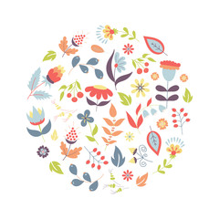 Hand drawn style summer or spring floral design element or logo in circle shape. Business identity