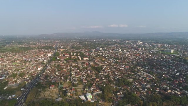 cityscape Yogyakarta with buildings, highway at sunset time. aerial view cultural capital Indonesia yogyakarta located on java island, Indonesia