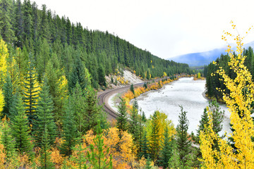 View Morant's Curve railway in Canadian rockies in autumn ,Banff National Park, Canada