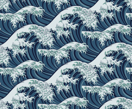 A Japanese great wave pattern print seamless background illustration
