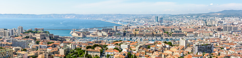 Panoramic view over the Old Port, the historic center of Le Panier, the Great Seaport of Marseille,...