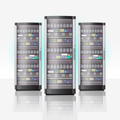 Server room, hosting data center, cloud database technology, equipment racks, storage concept, vector illustration isolated on white background