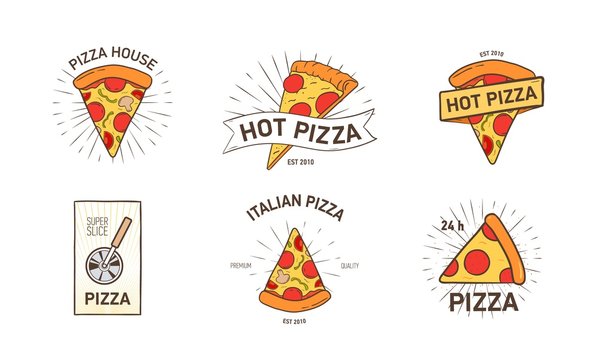 Bundle of colored logotypes with appetizing pizza slices, wheel cutter and rays hand drawn in retro style. Vector illustration for logo of Italian restaurant, pizzeria, food delivery service.