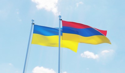 Ukraine and Armenia, two flags waving against blue sky. 3d image