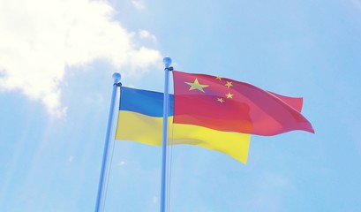 Ukraine and China, two flags waving against blue sky. 3d image