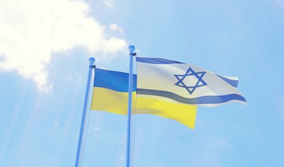 Ukraine and Israel, two flags waving against blue sky. 3d image