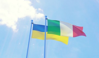 Ukraine and Italy, two flags waving against blue sky. 3d image