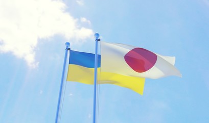Ukraine and Japan, two flags waving against blue sky. 3d image