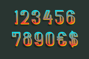 Light show style iridescent 3d numbers with currency signs of dollar and euro.