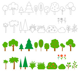 Trees, bushes and flowers. Set of vector elements.