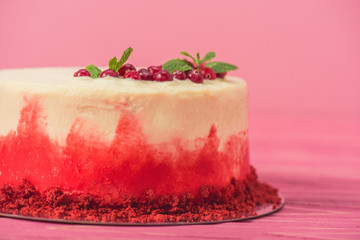 white cake with decorated with red currants and mint leaves isolated on pink