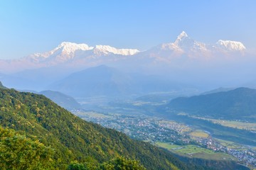 Naklejka premium Picturesque Scenery of the Himalayas Range and Pokhara Valley from Sarangkot Hill