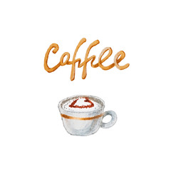 Cup cappuccino coffee with foam painted watercolor, isolated on white background. Text Coffee