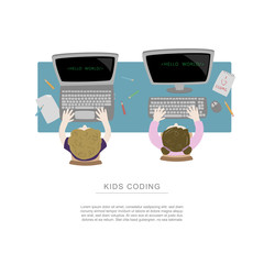 Boy and girl sitting at a desk and coding with their computers. Topview workspace vector illustration with space for your text.