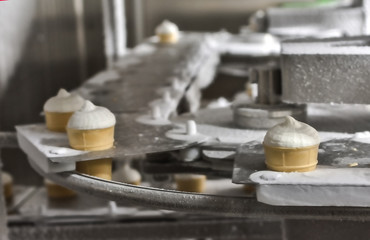 waffle cup ice cream on factory conveyor