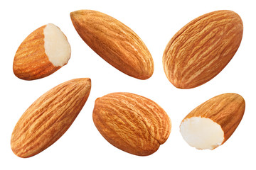 Set of almonds, isolated on white background