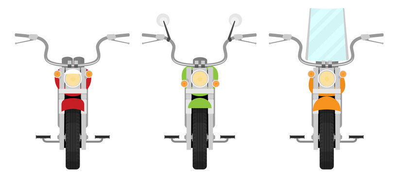 Front view of small classic retro motorcycle set vector flat design illustration isolated on white background.