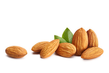 Almonds with leaves, isolated on white background