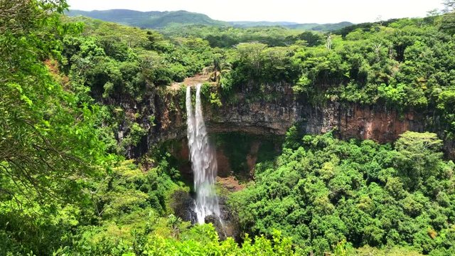 Chamarel Waterfall, a huge tourist attraction on island Mauritius. 