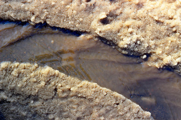 Melting snow on the asphalted street in the spring. Spring slush. Ground covered with thawing snow. Snow on the sidewalk.