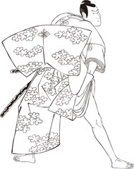 浮世絵　武士　その3　白黒