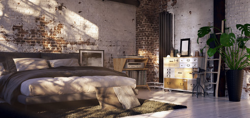 bed in old vintage loft apartment - 3d rendering