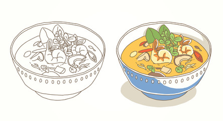 Asian cuisine. Tom Yum. Thai soup with prawns and coriander. Food menu design soup with noodles, soup miso, seaweed. Vintage hand drawn sketch vector illustration. 
