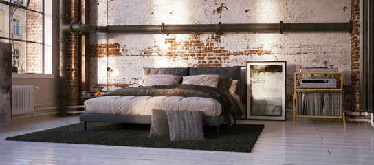 bed in old vintage loft apartment - 3d rendering