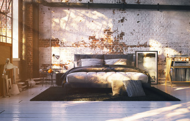 bed in old vintage loft apartment - 3d rendering