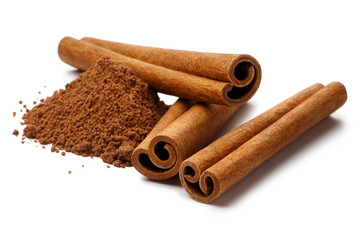 Cinnamon sticks and powder, isolated on white background