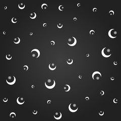Islamic background of white stylized moon & star on a dark sky. The concept of bliss, holiday. Starry background. Black and white ornament. Isolated image. Vector illustration.