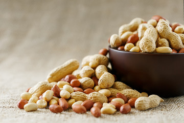 Peanuts in the shell and peeled close-up in cups. Roasted peanuts in their shells and peeled against a brown cloth.