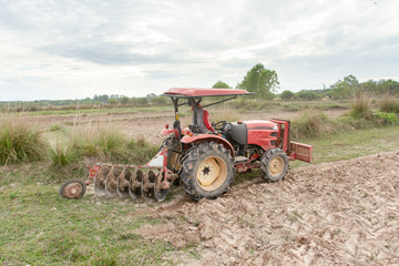 Fototapeta premium Tractor working plows a field on the farm for planting