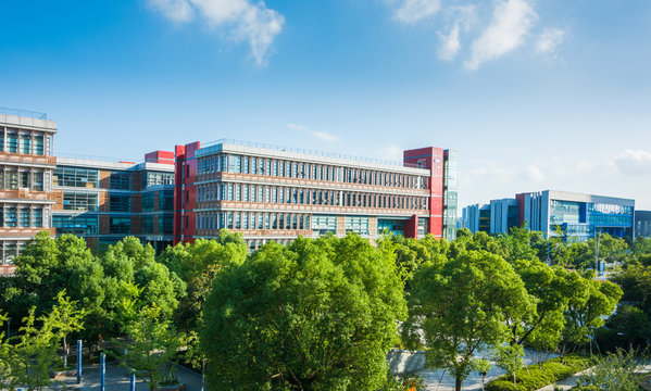 University School Building And Park Outside, Side View In The Sun