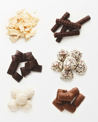 Chocolate candies set. Top view of sweets collection
