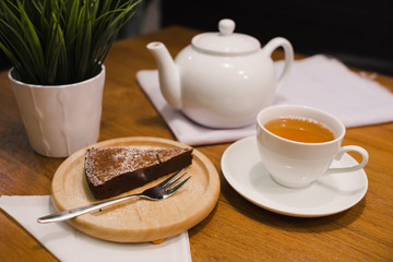 brownie and cup at cafe