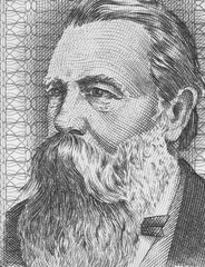 Friedrich Engels on East German banknote closeup macro. Famous socialist philosopher, communist, social scientist, collaborator of Karl Marx in the foundation of communism.. Black and white.