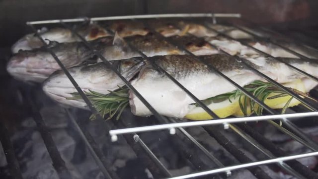 Fresh dorade being grilled on the barbecue in slow motion