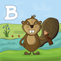 Beaver near the river with a log in the paw. Children's illustrated alphabet. Letter B.