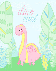fabulous vector card with a cute cartoon dinosaur baby, trees, leaves,