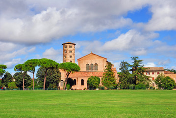 Italy, Ravenna Saint Apollinare in Classe Basilica with the round bell tower - obrazy, fototapety, plakaty