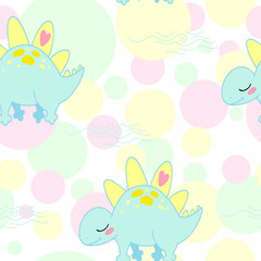 fantasy vector seamless pattern with cartoon pastel polka dot, dinosaurs