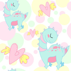 fantasy vector seamless pattern with a cartoon pastel polka dot, dinosaurs, bubbles, hearts