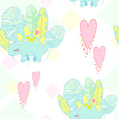 fairy-tale vector seamless pattern with cartoon pastel rhombuses, dinosaurs, leaves, hearts